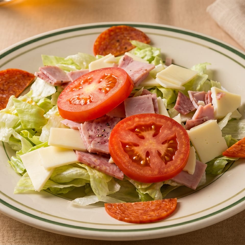 A fresh salad with lettuce, ham, cheese, tomato slices, and pepperoni on a white plate.