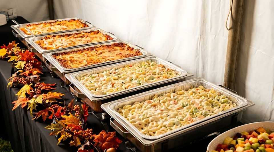 Buffet table with lasagna, pasta salad, and fruit salad in serving dishes, decorated with autumn leaves.