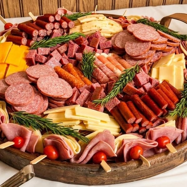 Large wooden charcuterie board filled with various meats, cheeses, cherry tomatoes, and rosemary sprigs.