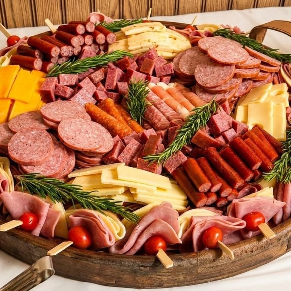 Large wooden charcuterie board filled with various meats, cheeses, cherry tomatoes, and rosemary sprigs.