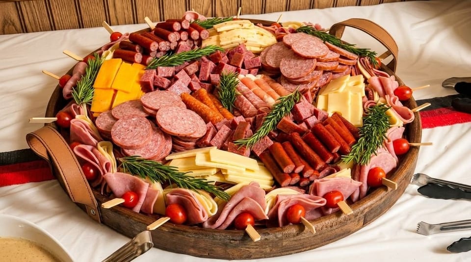 Large wooden charcuterie board filled with various meats, cheeses, cherry tomatoes, and rosemary sprigs.