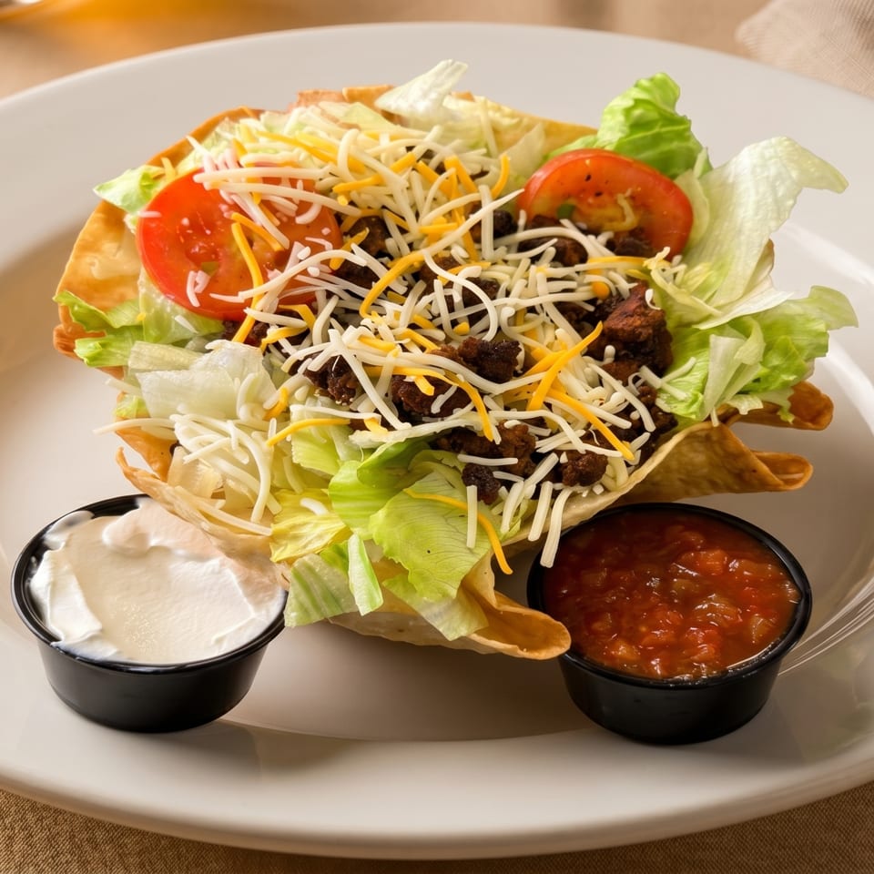 Taco salad in a crispy tortilla bowl with ground beef, lettuce, cheese, tomatoes, and sides of sour cream and salsa.