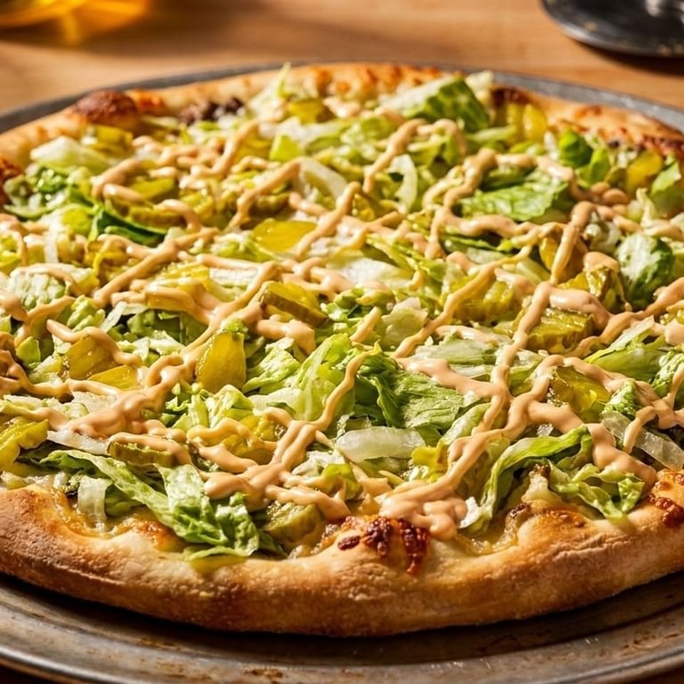A whole pizza topped with shredded lettuce, pickles, and a drizzle of sauce on a metal pan.