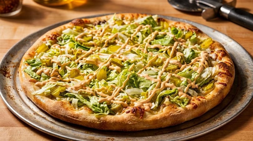 A whole pizza topped with shredded lettuce, pickles, and a drizzle of sauce on a metal pan.
