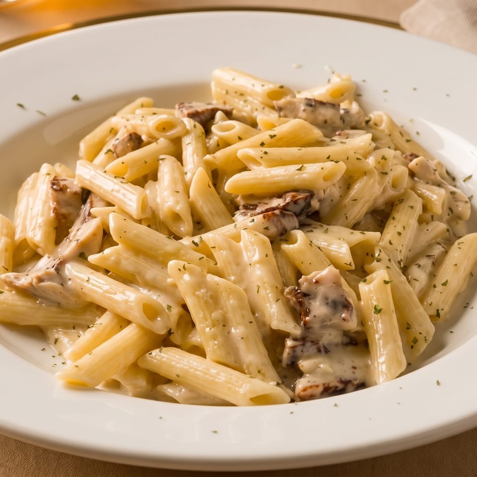 Creamy mushroom penne pasta in a white bowl, garnished with herbs, on a gold-rimmed plate.