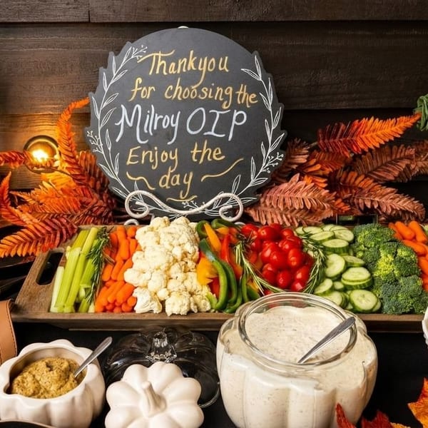 A buffet spread with a charcuterie board, fruit, vegetable crudités, dips, and a welcome sign.