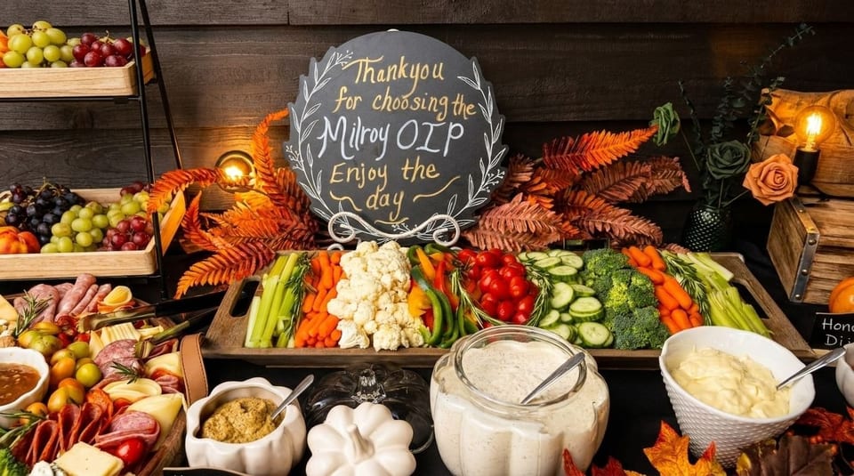 A buffet spread with a charcuterie board, fruit, vegetable crudités, dips, and a welcome sign.