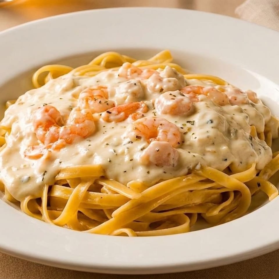Creamy shrimp fettuccine alfredo with herbs in a white bowl on a light brown tablecloth.