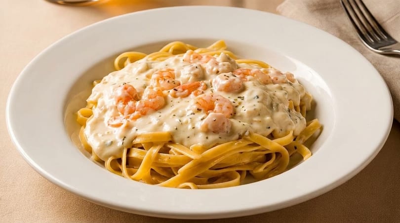 Creamy shrimp fettuccine alfredo with herbs in a white bowl on a light brown tablecloth.