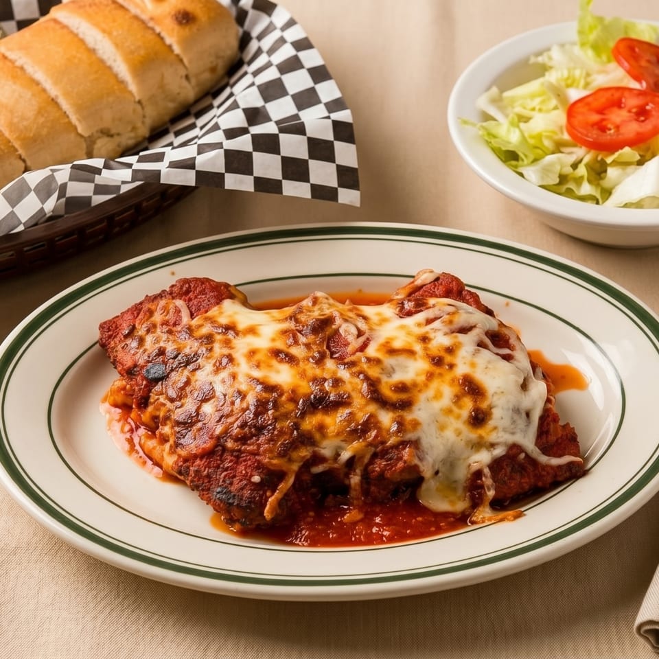 Chicken parmesan with melted cheese, a side salad, and a basket of bread on a tablecloth.