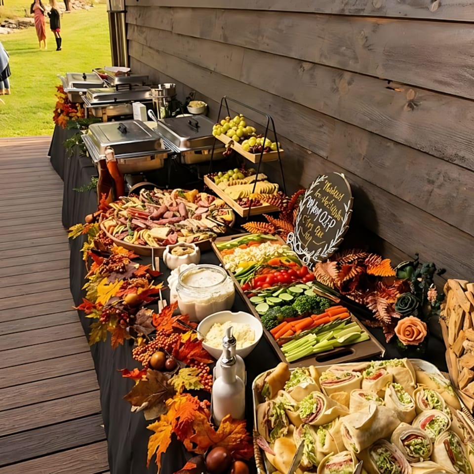 Outdoor buffet table with charcuterie, vegetables, wraps, and chafing dishes, decorated with autumn leaves.